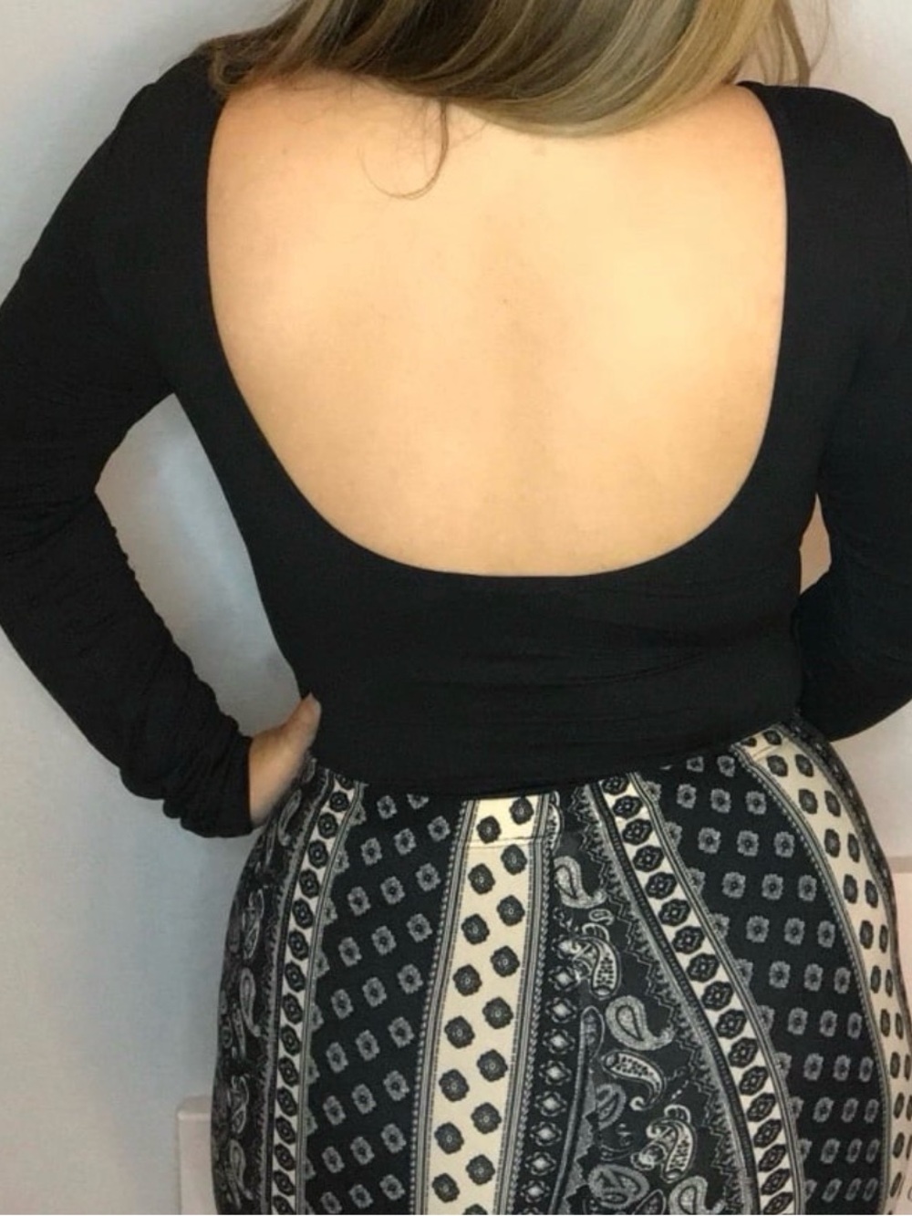Black Long Sleeve Low Scoop Back Bodysuit / Top